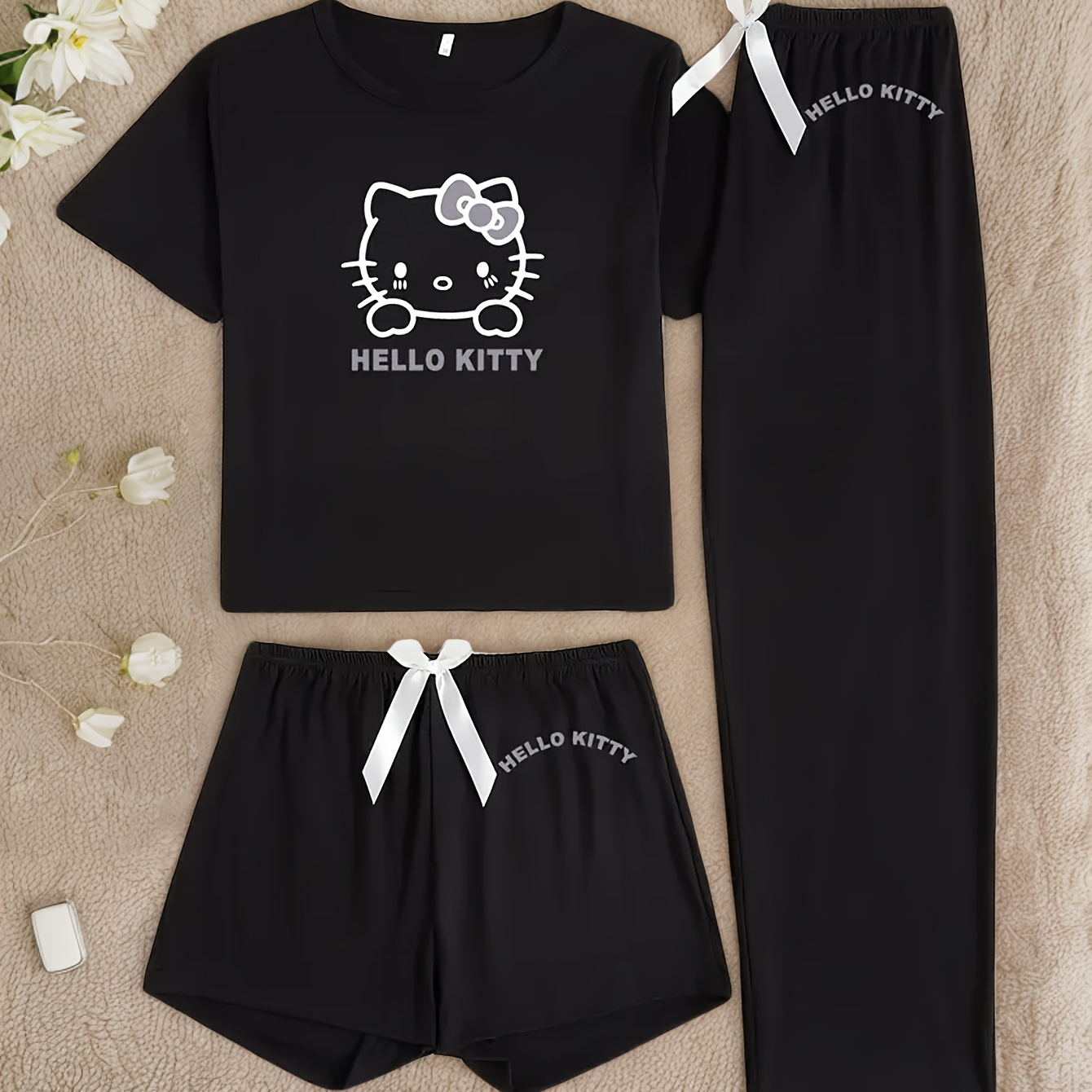 

Sanrio Hello Kitty 3pcs Pajama Set, Cartoon Print, Unisex Teen Sleepwear, Crew Neck, Regular Fit, 97% Polyester 3% Elastane, Medium Stretch, All Season Knit Fabric, 150gsm - Black