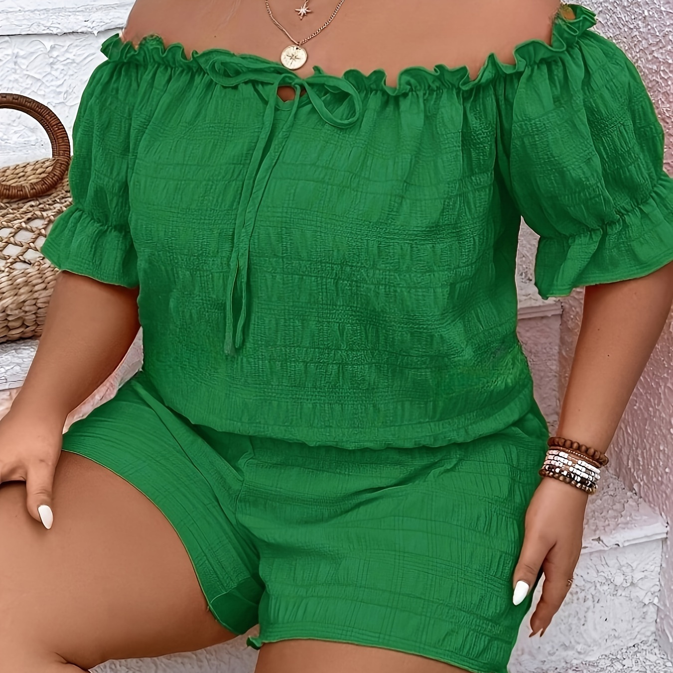 

Plus Size Solid Textured Two-piece Set, Off Shoulder Lettuce Trim Short Sleeve Top & Shorts Outfits, Women's Plus Size Clothing