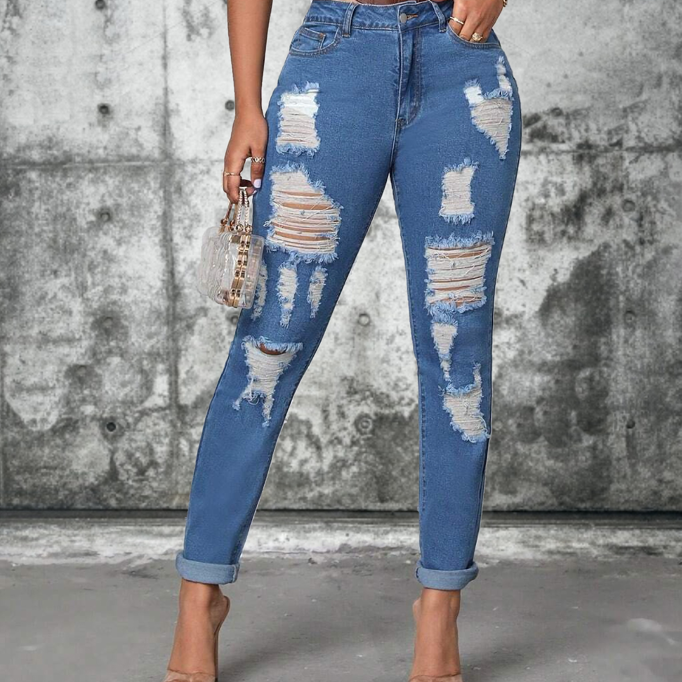 

High-waisted Ripped Plain Slim-fit Women's Jeans - Street Style, Stretchy & Comfortable, Perfect Fit Solid Color Denim Pants