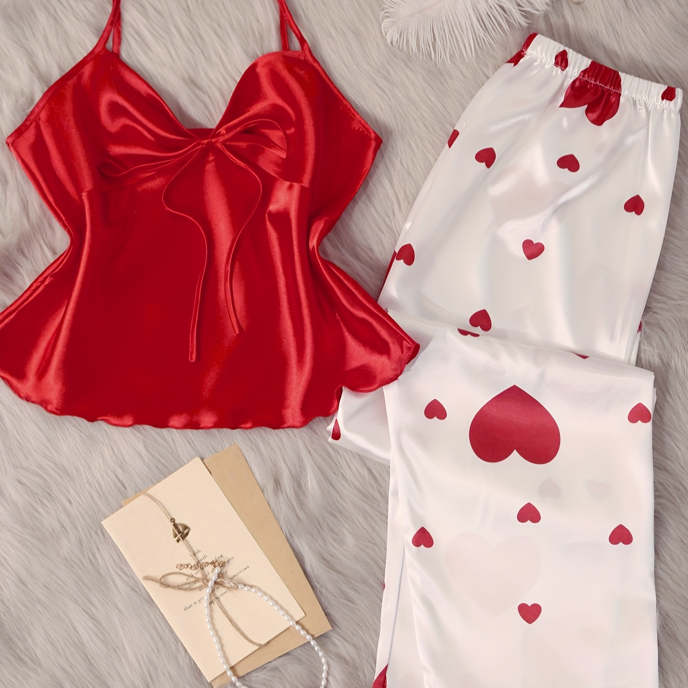 

Valentine's Day Romantic Comfortable Vest With Drawstring And Heart Print Wide Leg Pajama Set