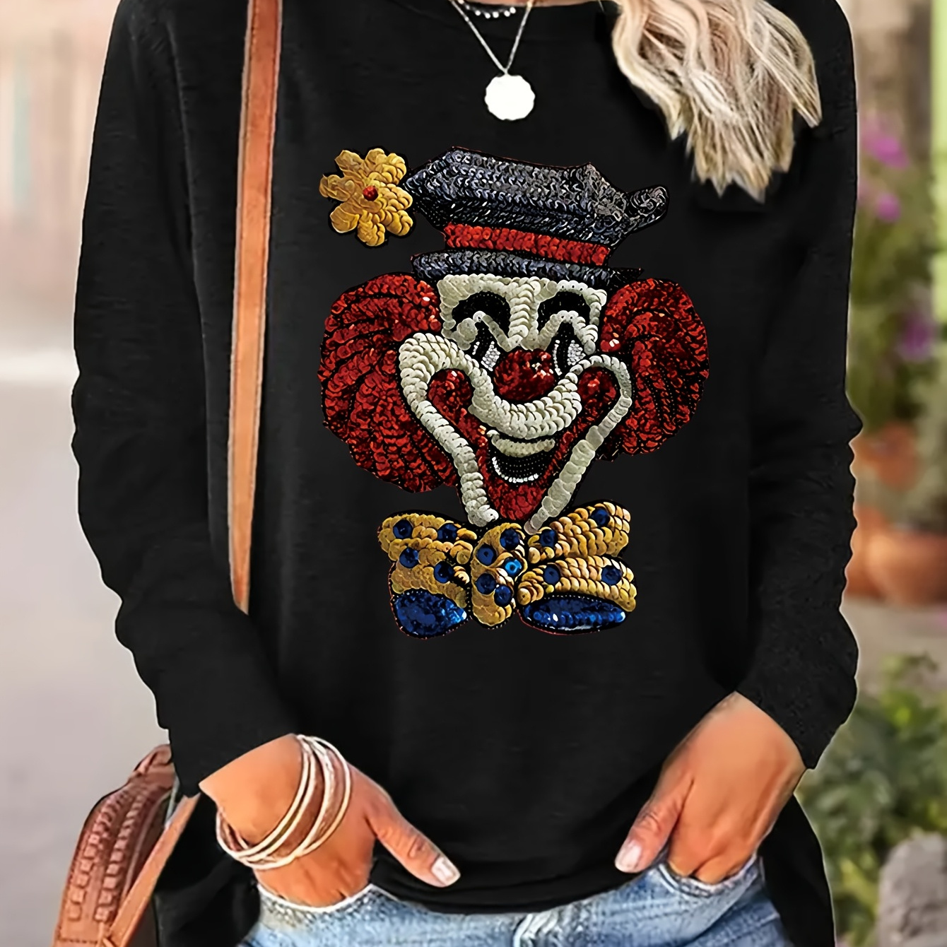 

Clown Spring/summer Women's Long Sleeve Large Size Round Neck T-shirt Comfortable Bottoming Top