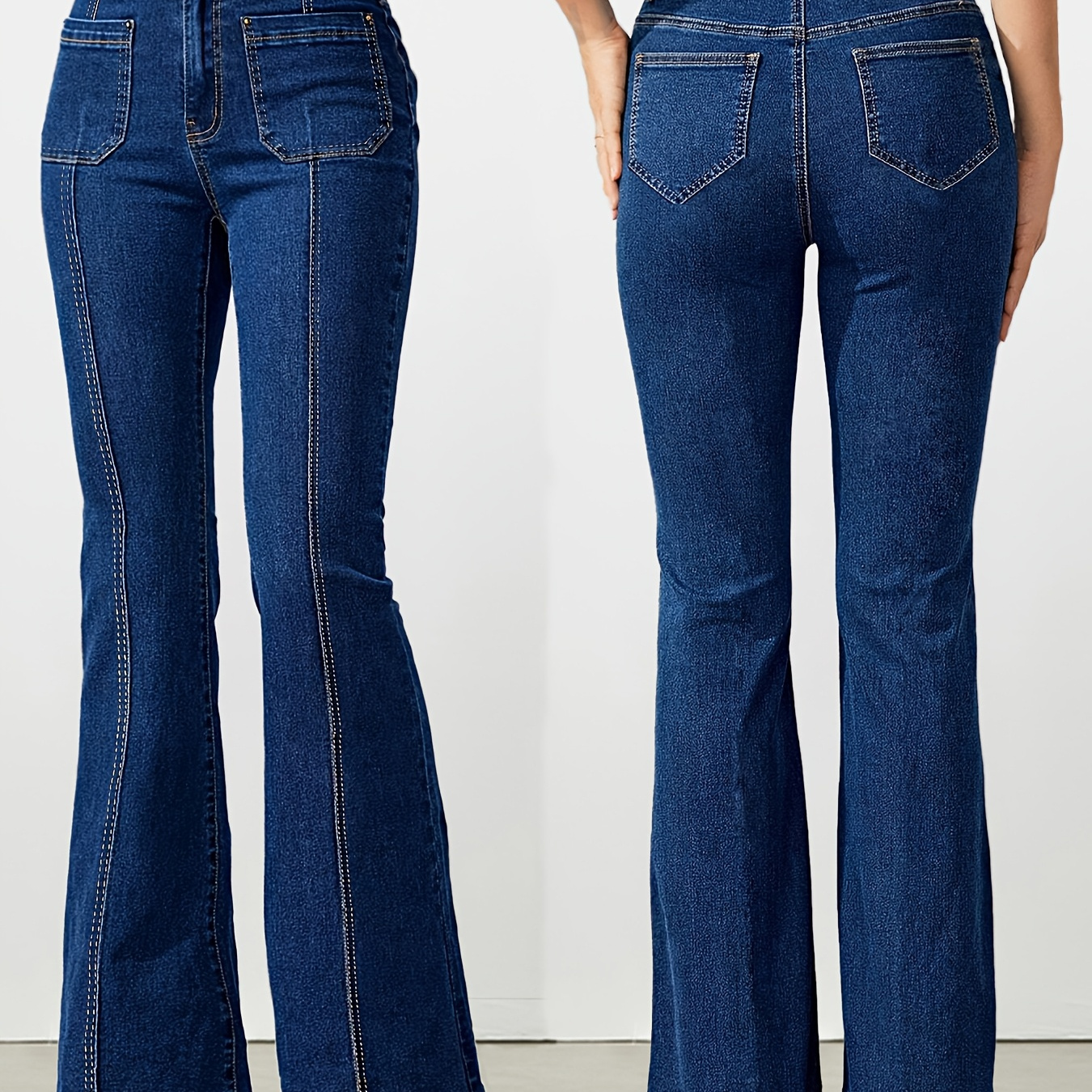 

Jeans Évasés Taille Haute d'Inspiration Vintage pour Femmes - Denim et Extensible avec Poches Fendues, Lavable en Machine