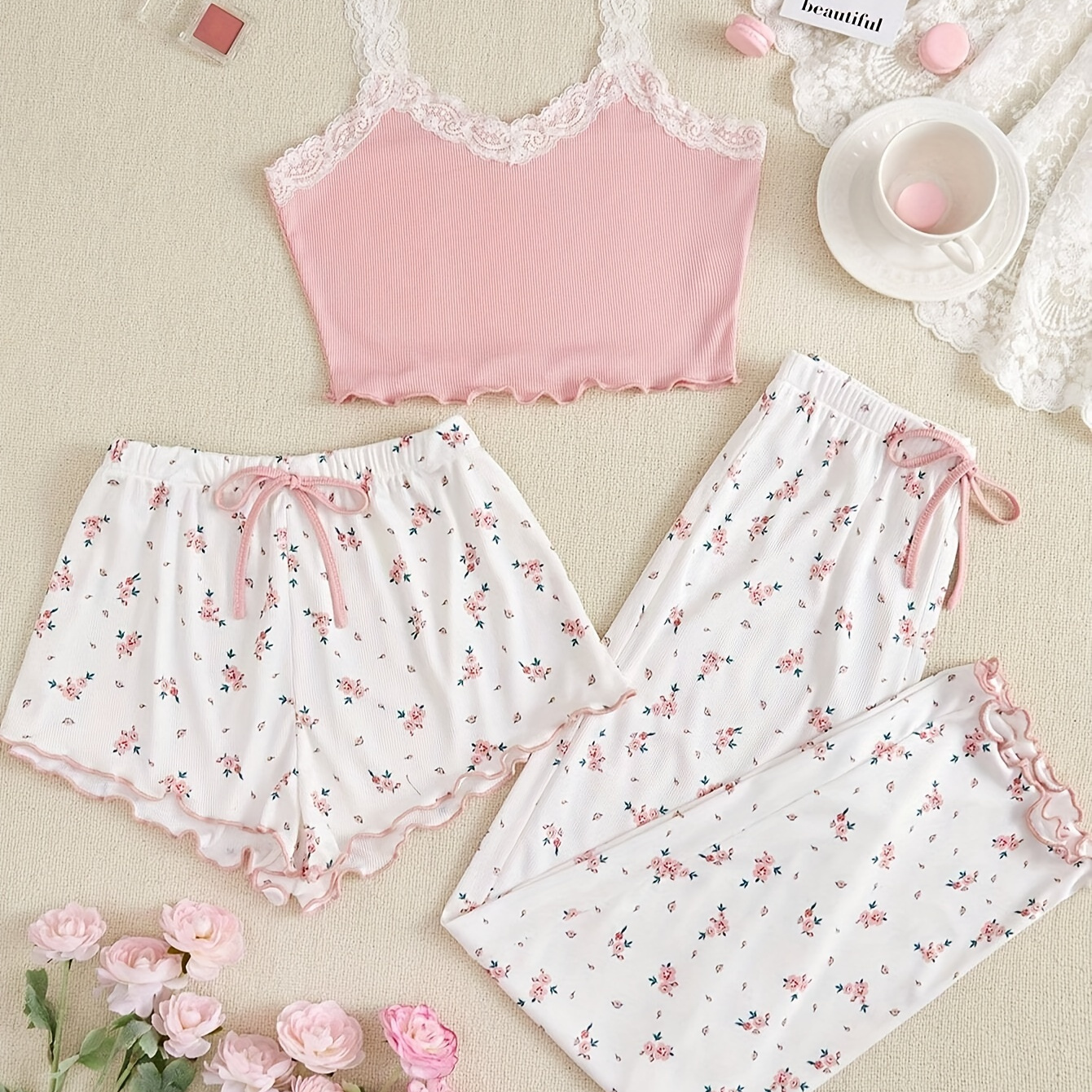 

Women's Comfortable Fashion Lace Trim Spaghetti Strap Top With Long Pants And Shorts Pajama Set, Polyester Knit Fabric Floral Pattern, Season , Sleepwear Set