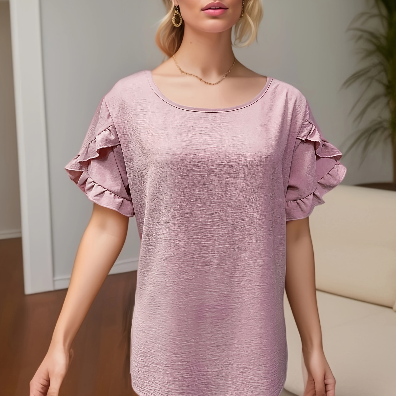 

Solid Ruffle Trim Blouse, Casual Crew Neck Petal Sleeve Blouse, Women's Clothing