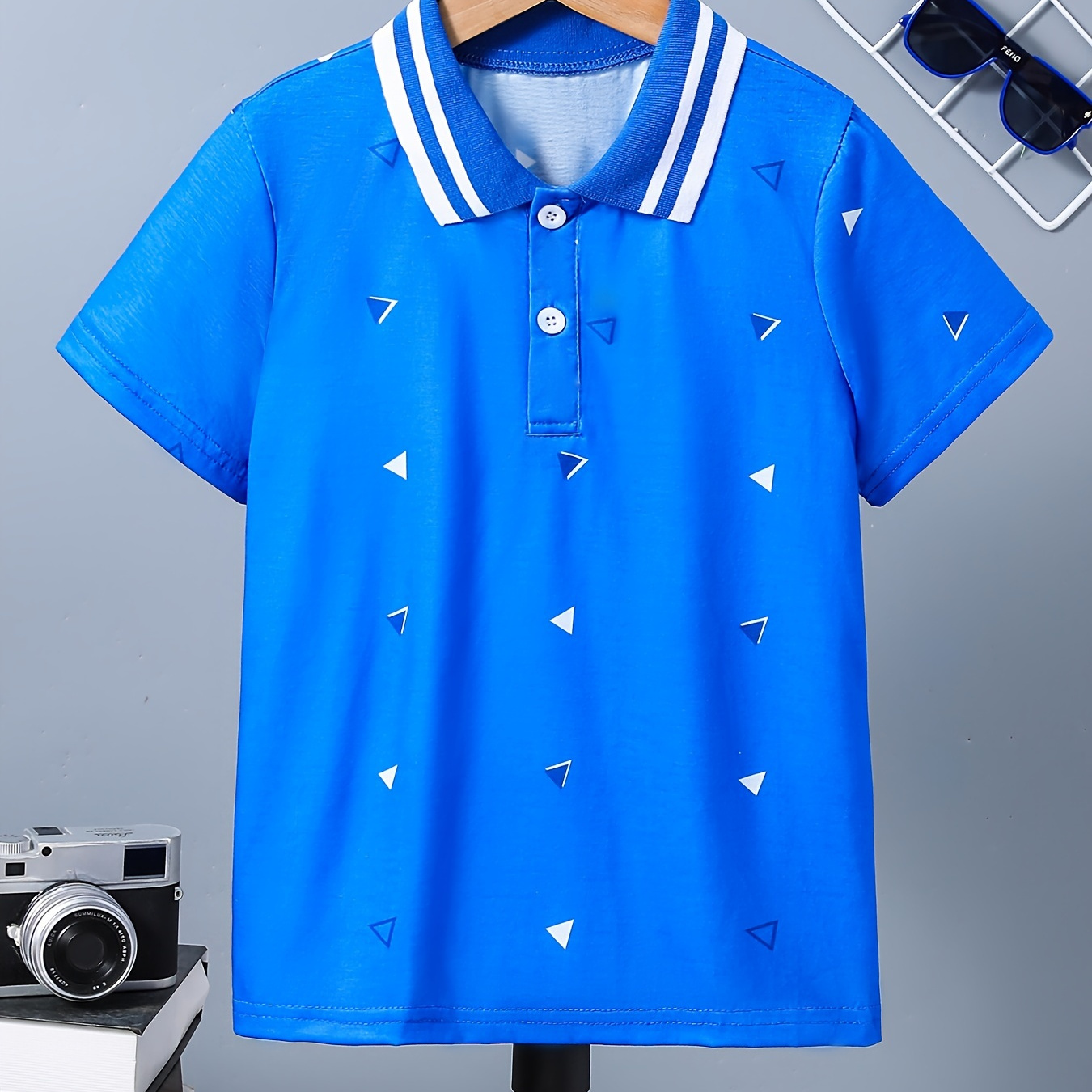 

Boys Triangle Pattern Print Lapel Shirt, Kids Toddler Short Sleeve Comfy Summer Spring Clothes