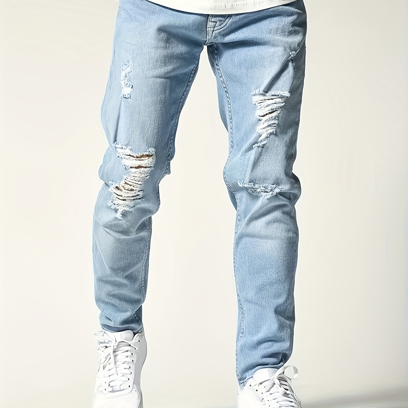 

Men's Solid Ripped Denim Pants, Stylish Leisure Jeans For Males, Outdoor Daily Life Clothing