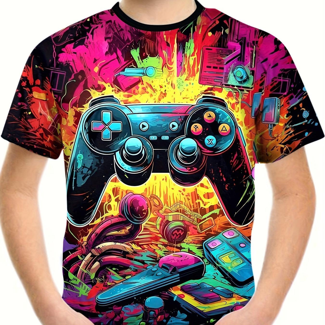 

Boys Trendy Colorful Gamepad Print Crew Neck T-shirt, Casual Tee For Summer