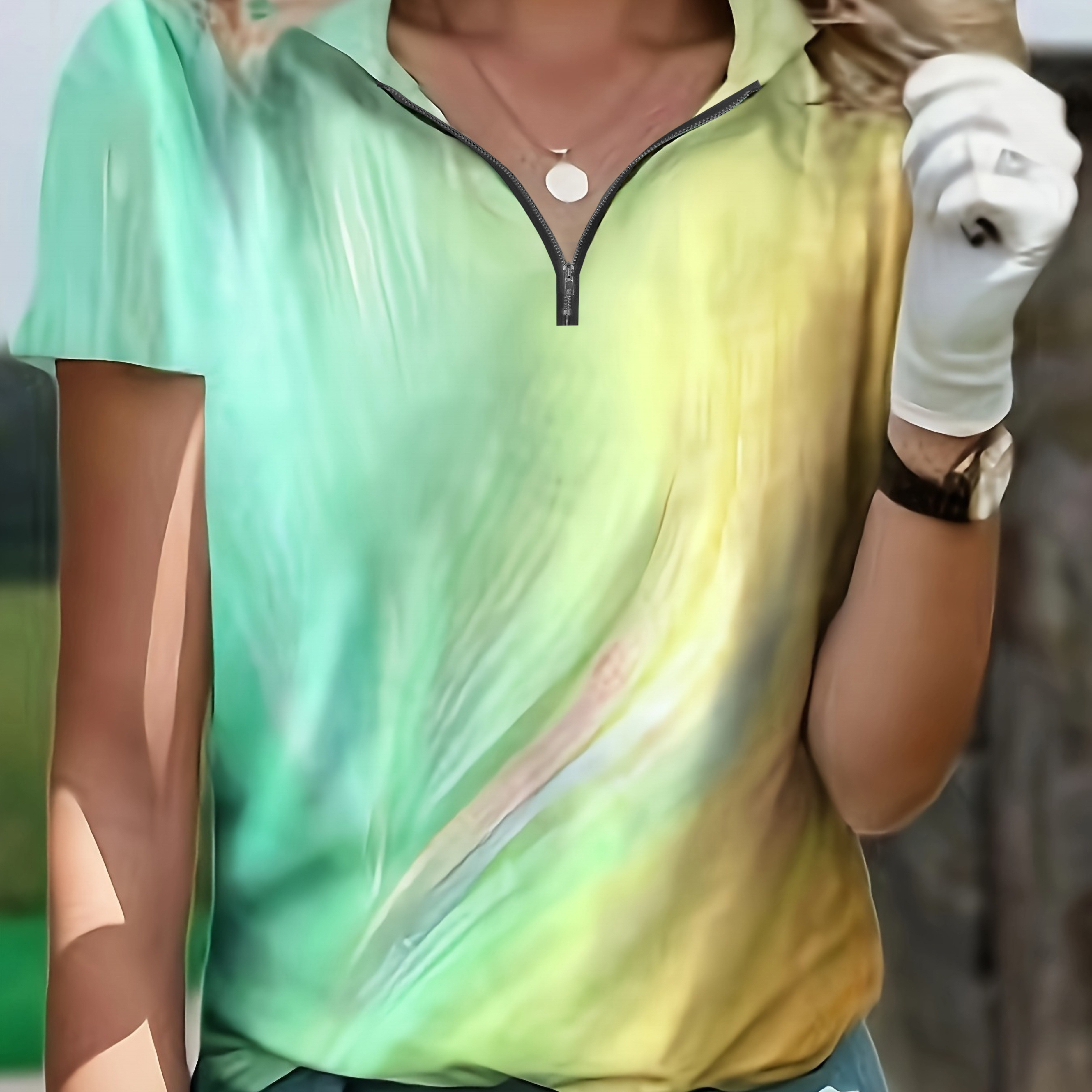 

Glamorous Gradient Print Polo T-shirt For Women With Front Zip - Spring/summer Fashion Short Sleeves - Women's Casual Wear