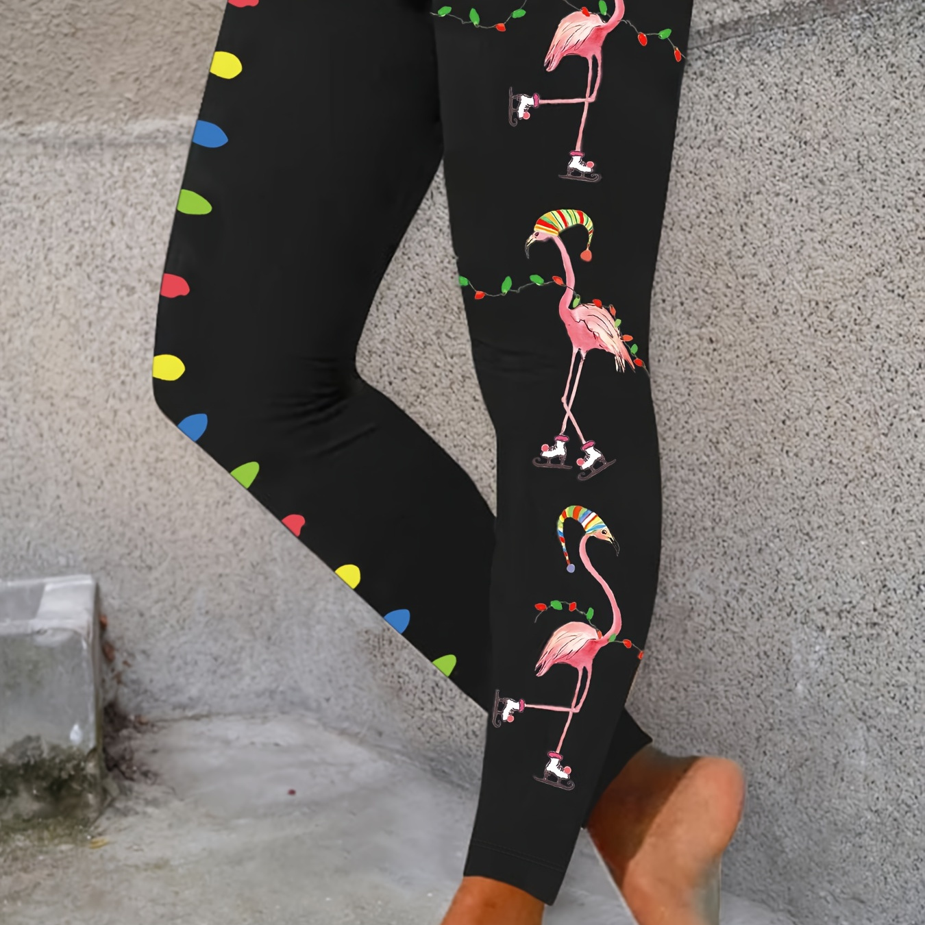 

Christmas Flamingo Print Skinny Leggings, Cute Every Day Stretchy Leggings, Women's Clothing