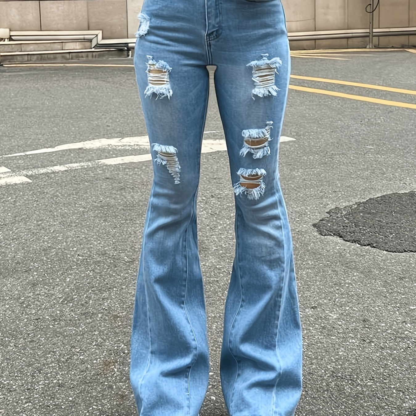 Ripped Light Wash Distressed Flare Jeans High Stretch Solid - Temu