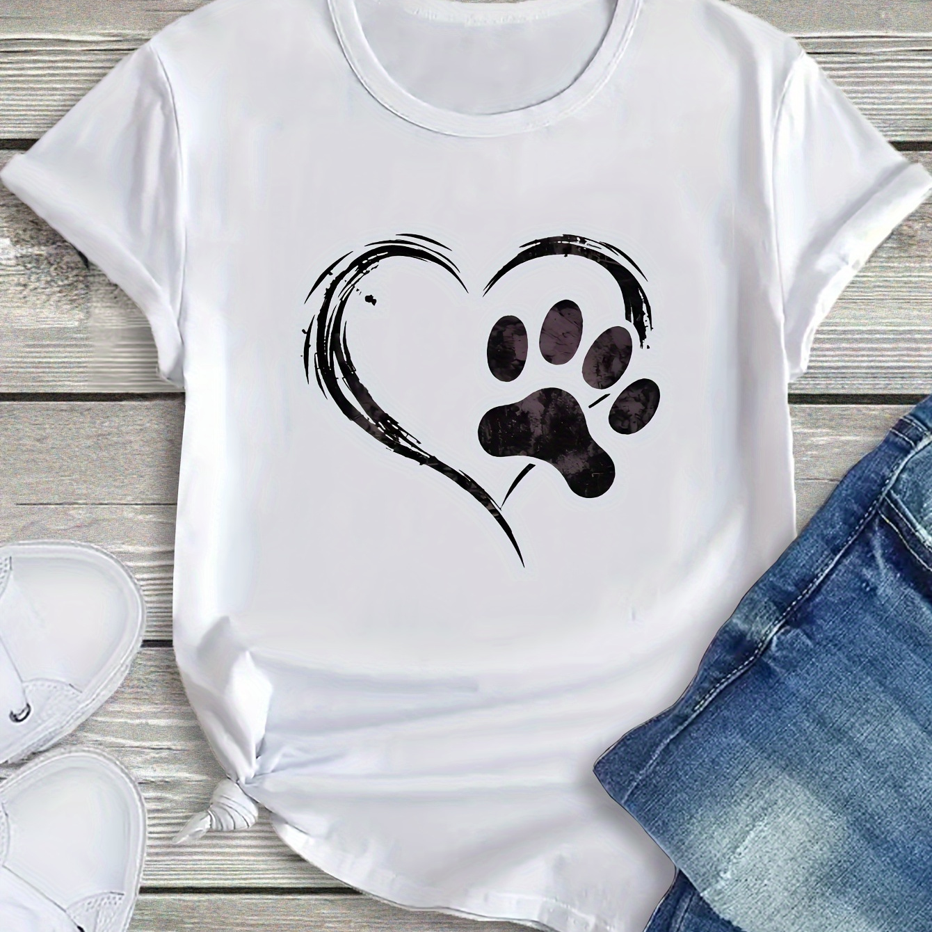 

Paw & Heart Print T-shirt, Short Sleeve Crew Neck Casual Top For Summer & Spring, Women's Clothing