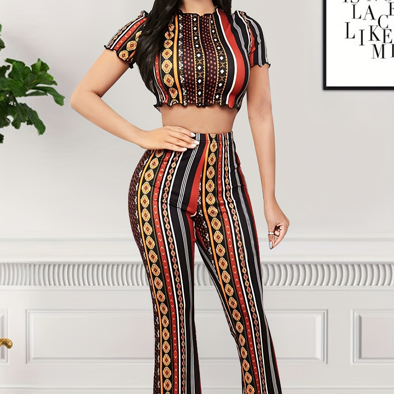 

Striped Print Summer & Spring Casual Two-piece Set, Crew Neck Short Sleeve Crop Top & Flare Leg Pants Outfits, Women's Clothing