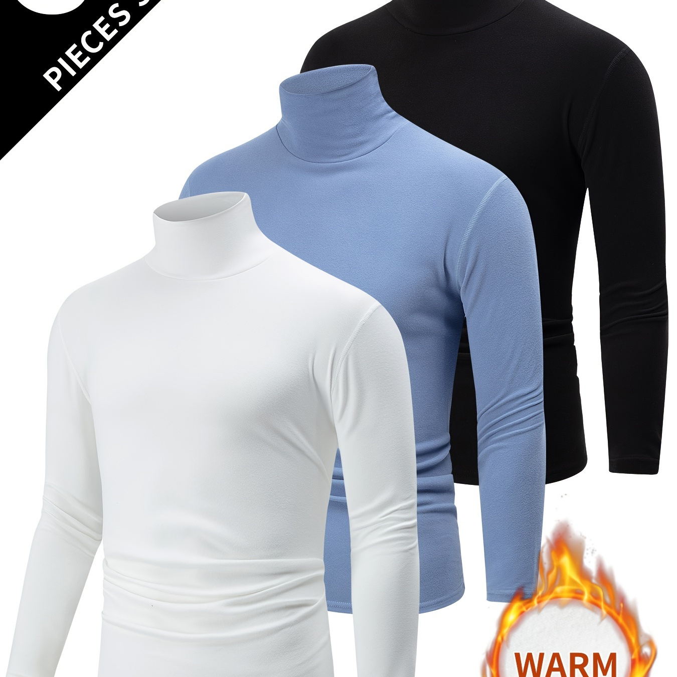 

3pcs Men's Thermal Turtleneck Long Sleeve T-shirts - Warm, Stretchy & Casual For Fall/winter