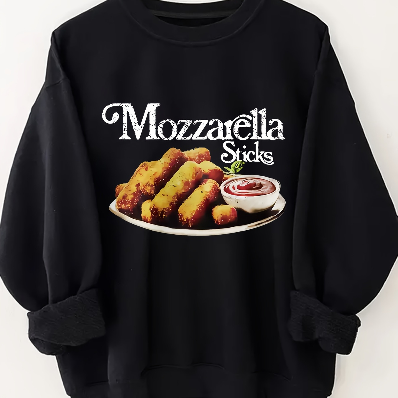 

Plus Size Mozzarella Sticks Print Pullover Sweatshirt, Casual Long Sleeve Crew Neck Sweatshirt For Fall & Spring, Women's Plus Size Clothing