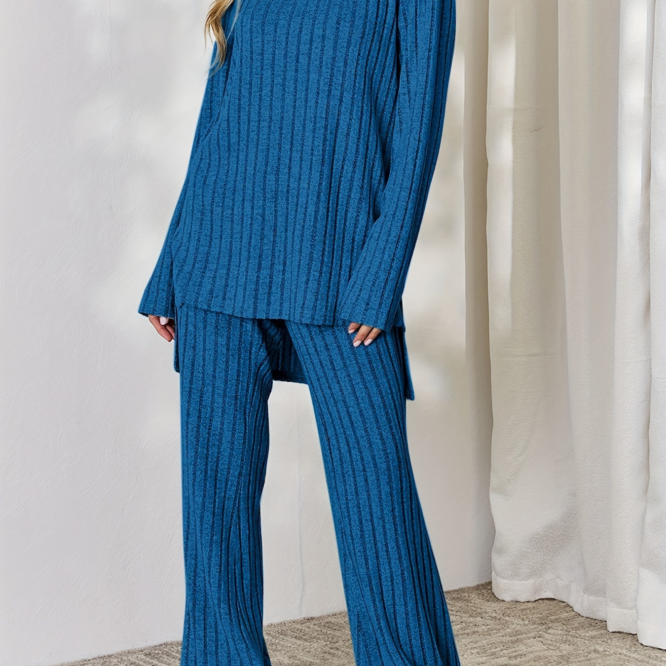 

Full Size Ribbed High-low Top And Wide Leg Pants Set