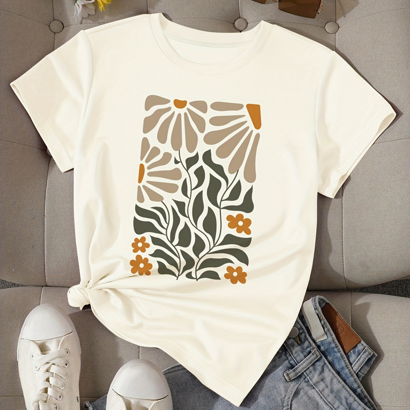 

Daisies Print T-shirt, Short Sleeve Crew Neck Casual Top For Summer & Spring, Women's Clothing