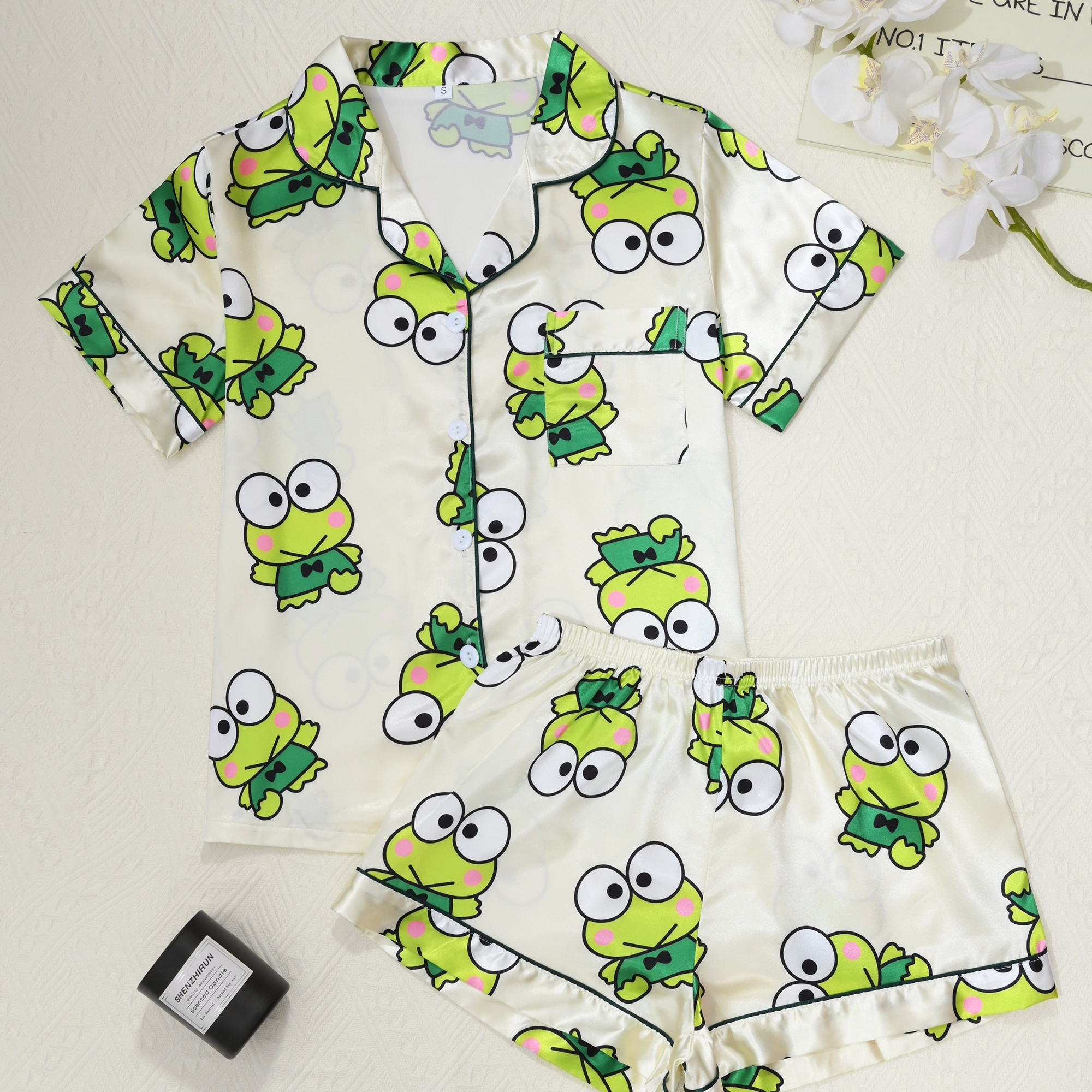 

Sanrio Cartoon Big- Frog Kerokerokeroppi Women's Pajamas With Short Sleeves, Shorts And Cardigan With Turned Collar