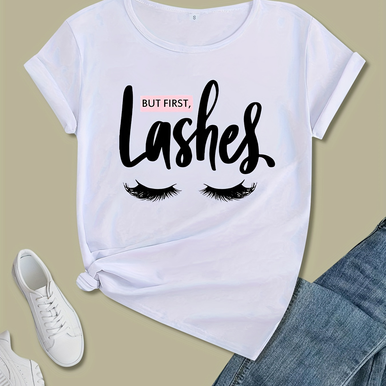 

Eyelash & Letter Graphic Print Crew Neck Short Sleeve Casual Sports T-shirt, Comfort & Breathable Summer Tops, Women's Clothing