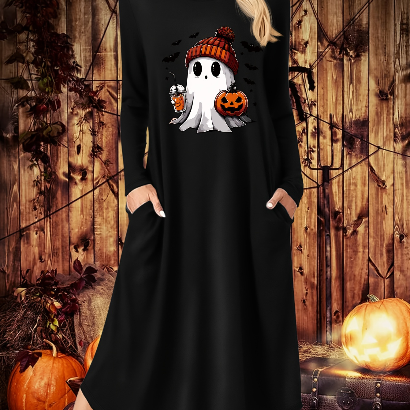 

& Pumpkin Boba Print Long Sleeve Midi Dress | Crew Neck Casual Knit Polyester A-line Dress With Pockets | Fall/winter Season Apparel