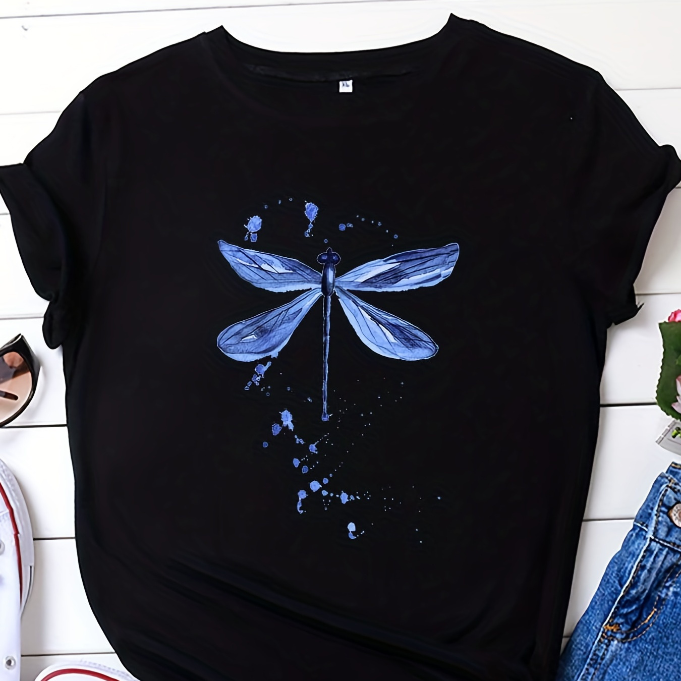 

Plus Size Casual T-shirt, Women's Plus Dragonfly Print Short Sleeve Round Neck Medium Stretch T-shirt