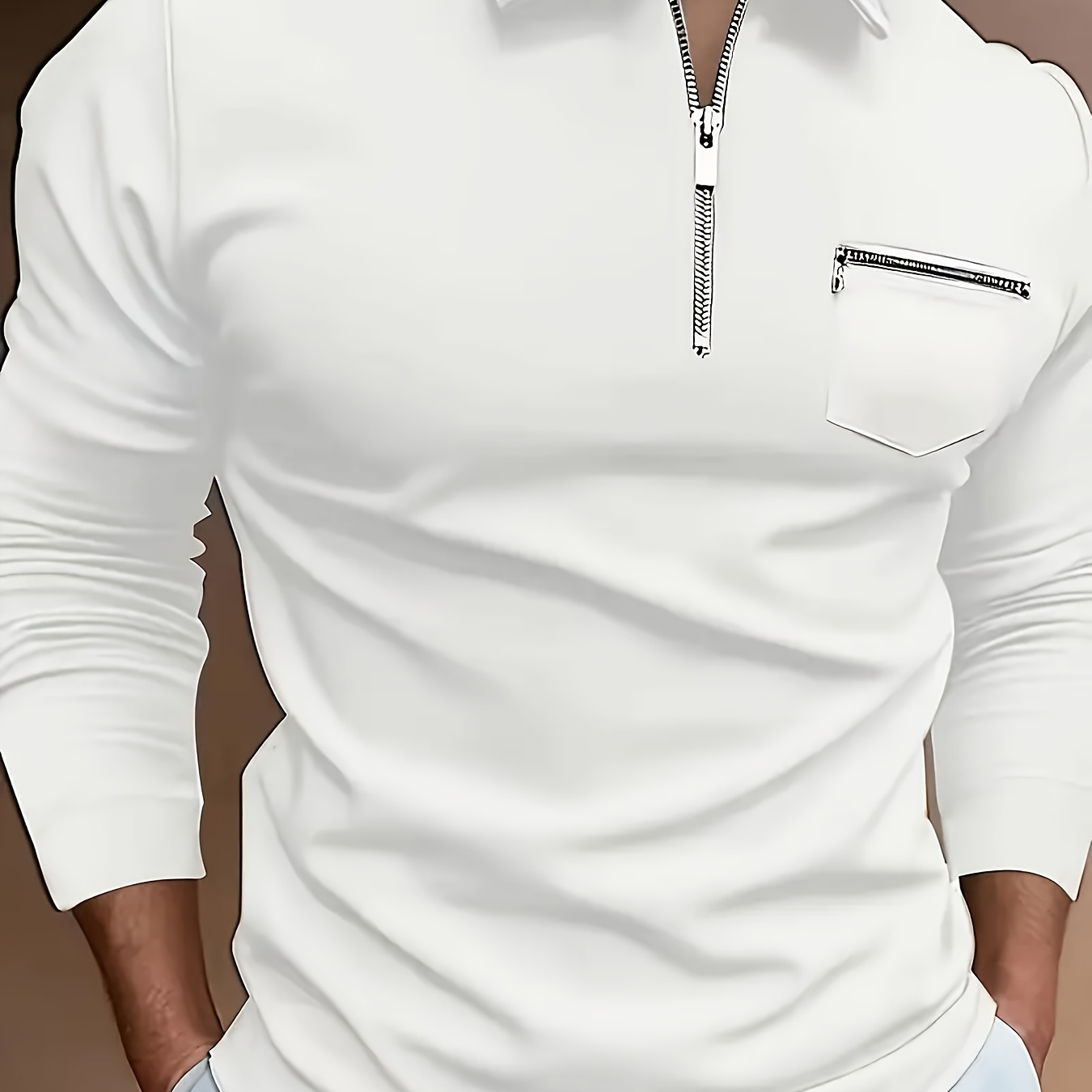 

Solid Color Men's Comfortable Long Sleeved Zipper Lapel Shirt With Chest Pocket, Spring And Autumn Men's Pullover Shirt