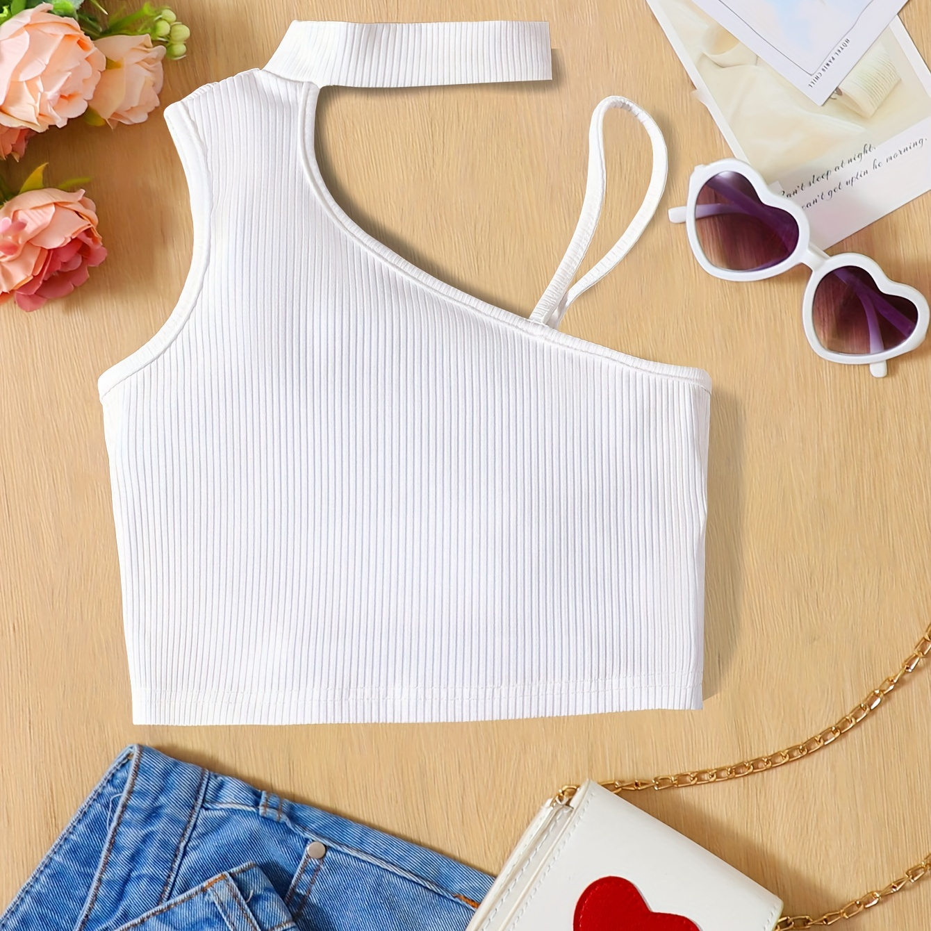 

Chic Asymmetric Shoulder Tank For Girls, Solid Halter Crop Top Breathable & Comfy For Daily Sports