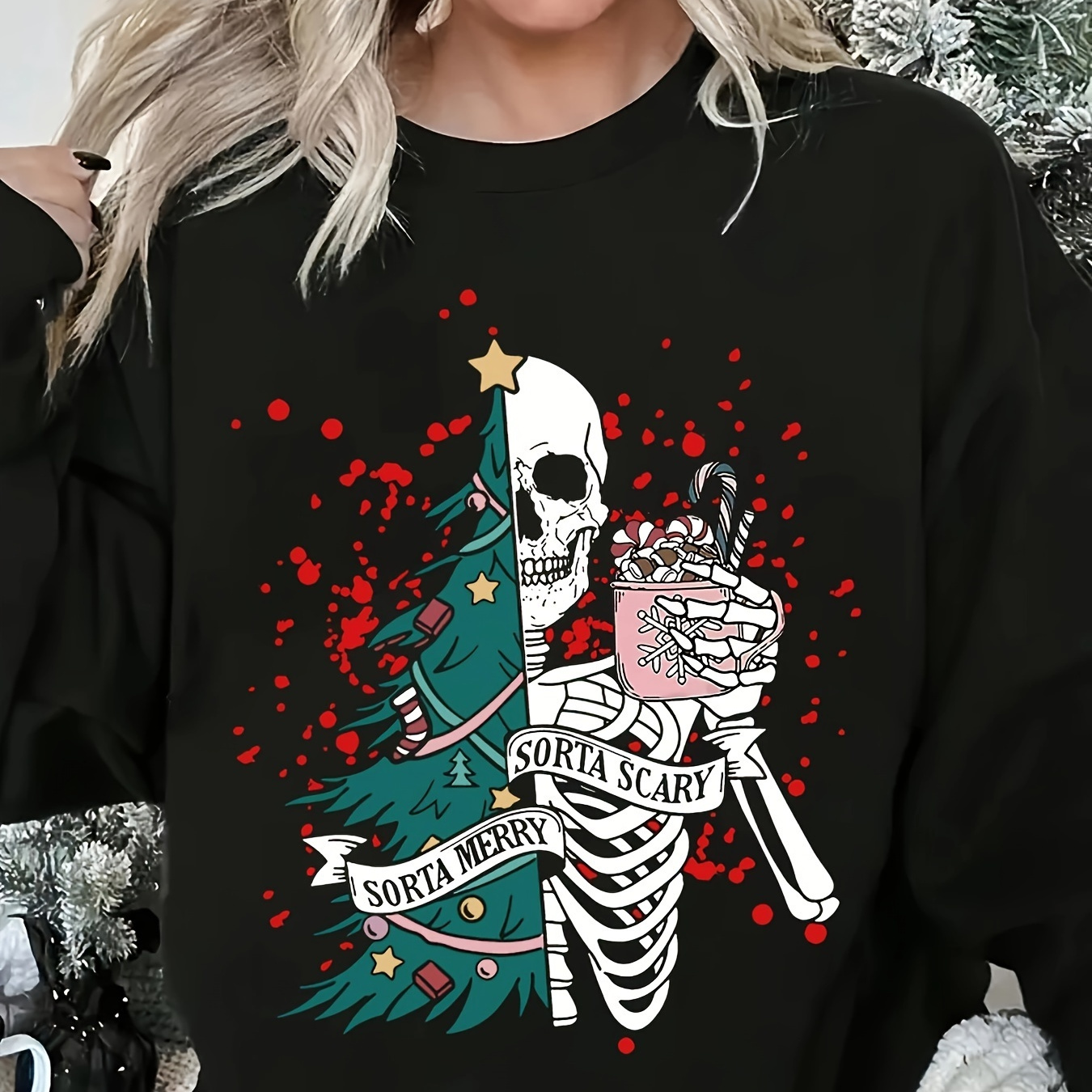 

1pc Women's Casual Christmas Sweatshirt, Polyester Round Neck Pullover With Skeleton And Tree Graphic, Knitted Holiday Top For All