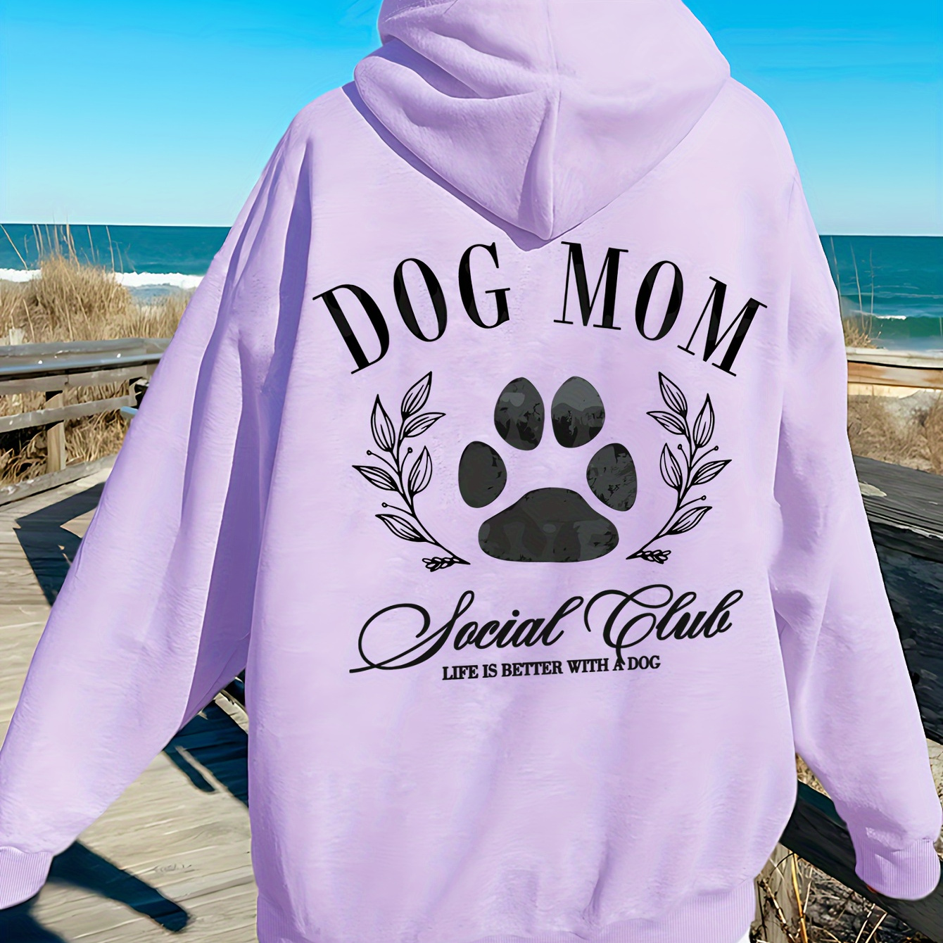 

1pc Women' Printed Hoodie, Casual Polyester Pullover With Alphabet Dog Mom Design, Knit Fabric Hooded Sweatshirt