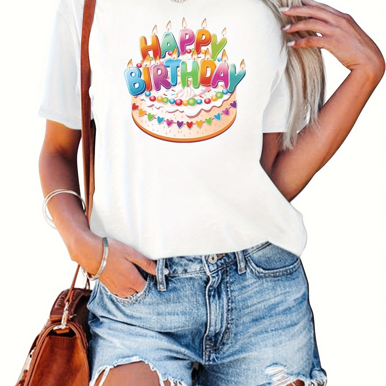 

Happy Birthday Print T-shirt, Casual Crew Neck Short Sleeve Top For Spring & Summer, Women's Clothing