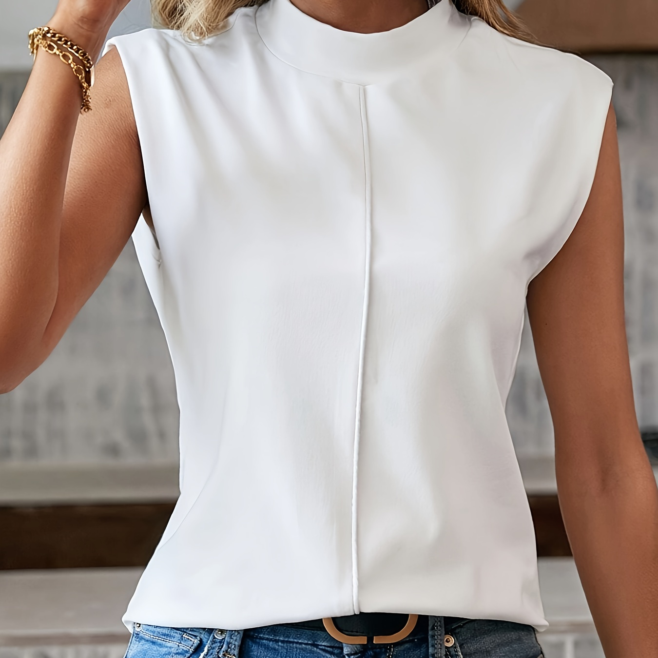 

Mock Neck Solid T-shirt, Elegant Sleeveless T-shirt For Spring & Summer, Women's Clothing