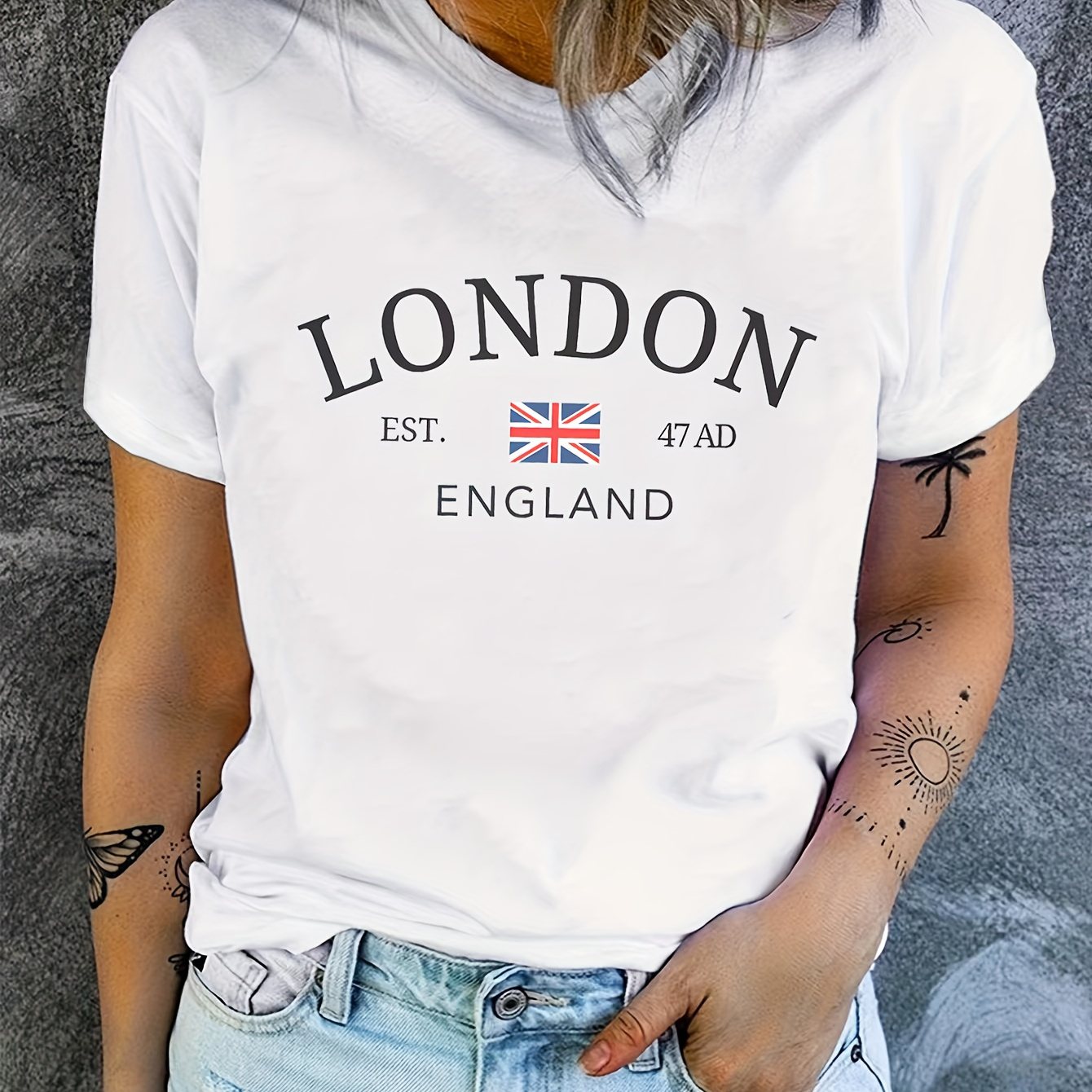 

London Graphic T-shirt, Casual Short Sleeves Tee With Uk Flag Fashion Streetwear For Women