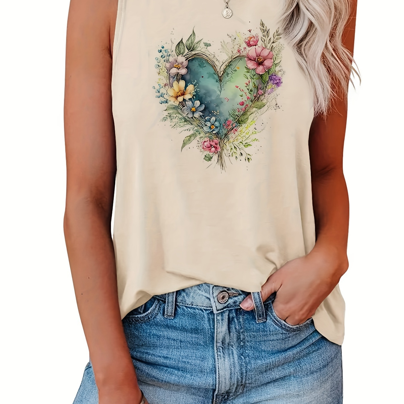 

Floral & Heart Print Crew Neck Tank Top, Casual Sleeveless Top For Summer, Women's Clothing