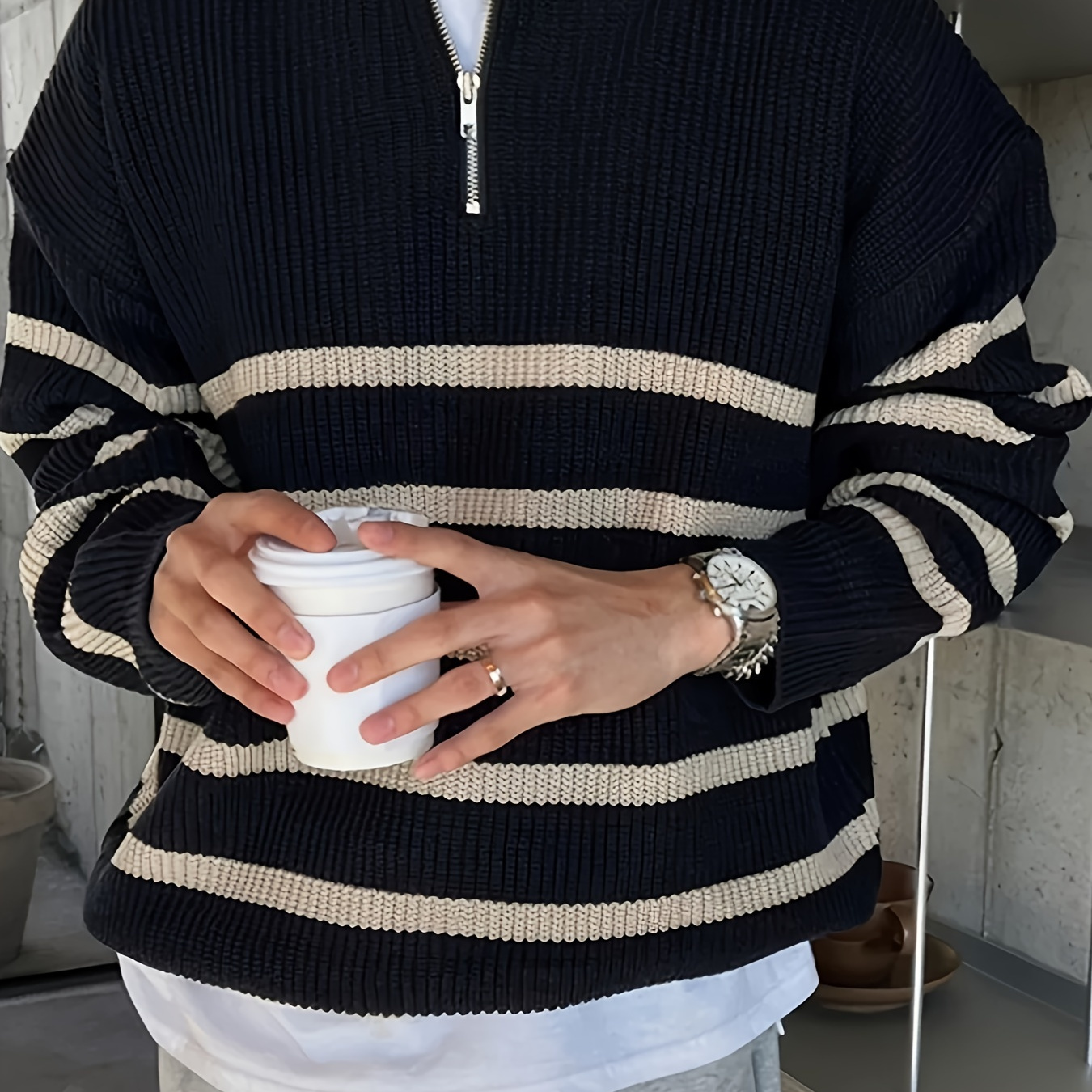 

Men's Loose Striped Knitted Pullover, Casual Long Sleeve Half Zipper Turtle Neck Sweater For