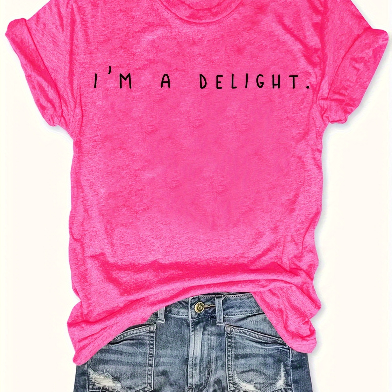 

Plus Size I'm A Delight Letter Print T-shirt, Short Sleeve Crew Neck Casual Top For Summer & Spring, Women's Plus Size Clothing