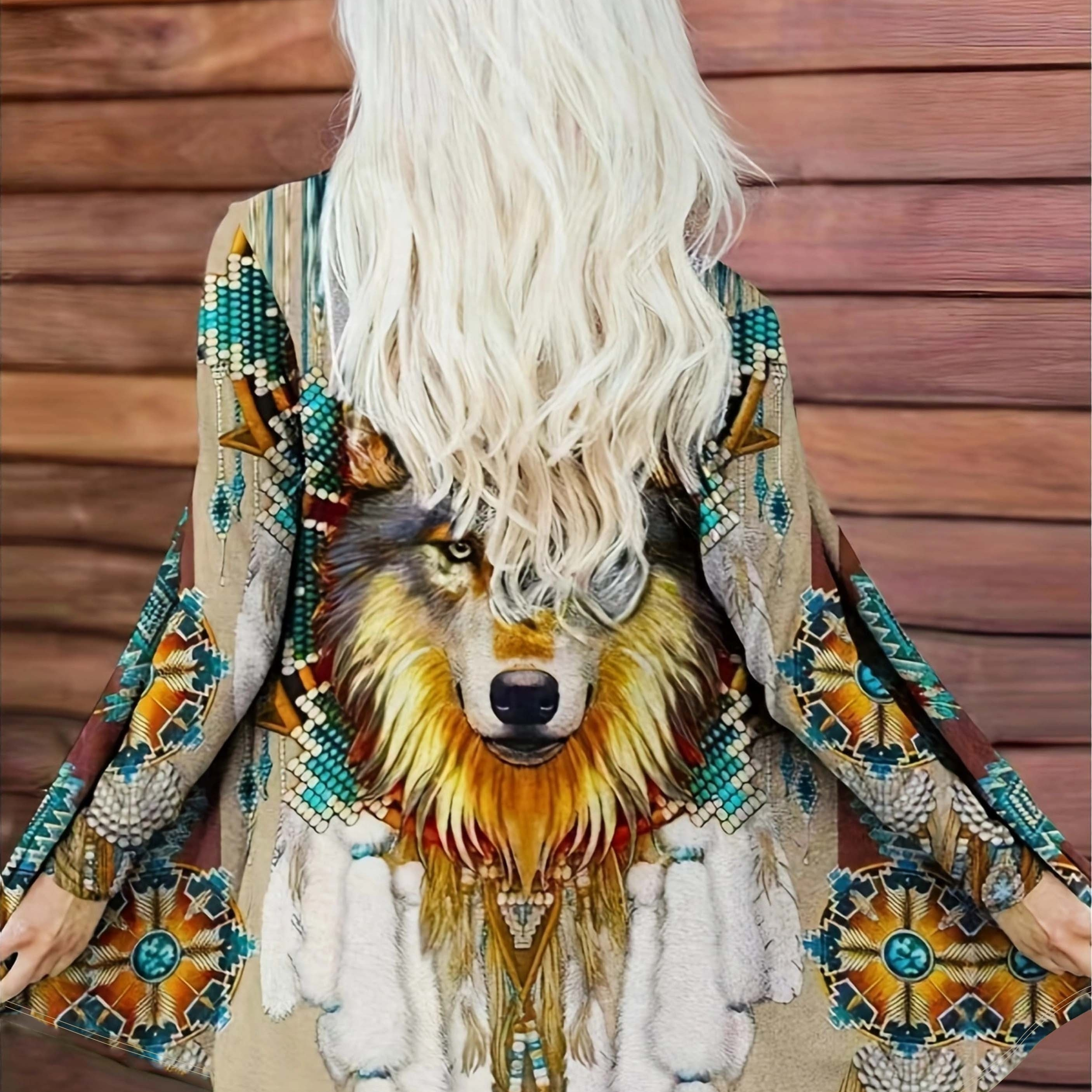 

Wolf Print Open Front Cardigan, Casual Long Sleeve Outwear For Fall & Spring, Women's Clothing