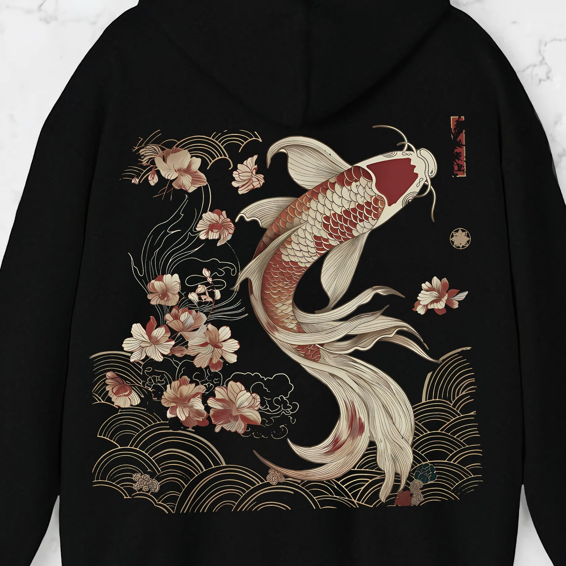 

Sweat à Capuche Noir pour Femme avec Imprimé Poisson Koi & Floral - Pull en Polyester à Manches Longues, Design en Relief et Poche pour Tenue Décontractée Automne/Hiver