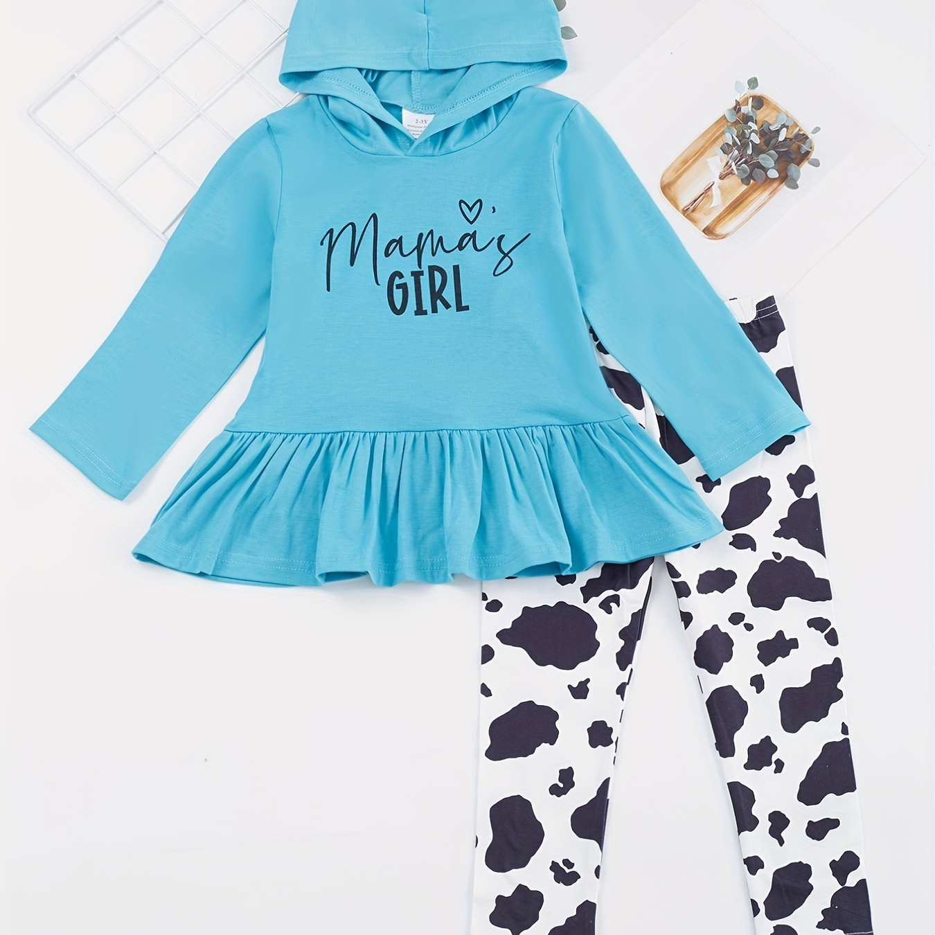 

Toddler Girl's Casual Outfit 2pcs, Hooded Peplum Top & Cow Pattern Leggings Set, Mama's Girl Print Kid's Clothes For Spring Fall