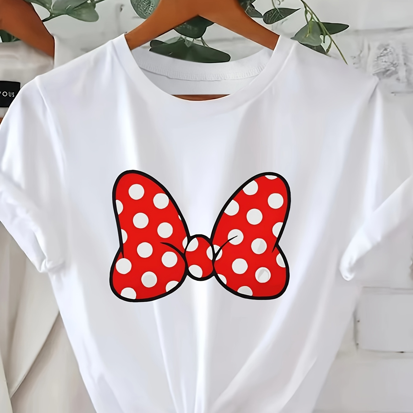 

Women's Casual Crew Neck T-shirt With Dot Print, Polyester Knit Fabric With Elastane, Regular Fit Short Sleeve Tee With Medium Stretch - All Season Pullover Top