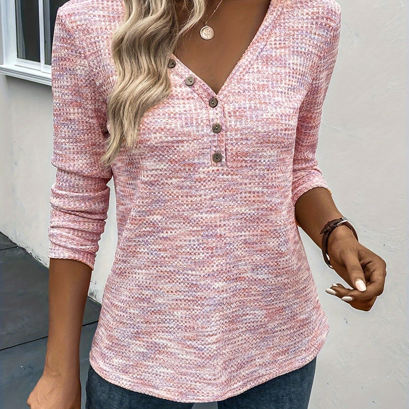 

Marled Color V-neck T-shirt, Elegant Long Sleeve Button Decor Top For Spring & Fall, Women's Clothing