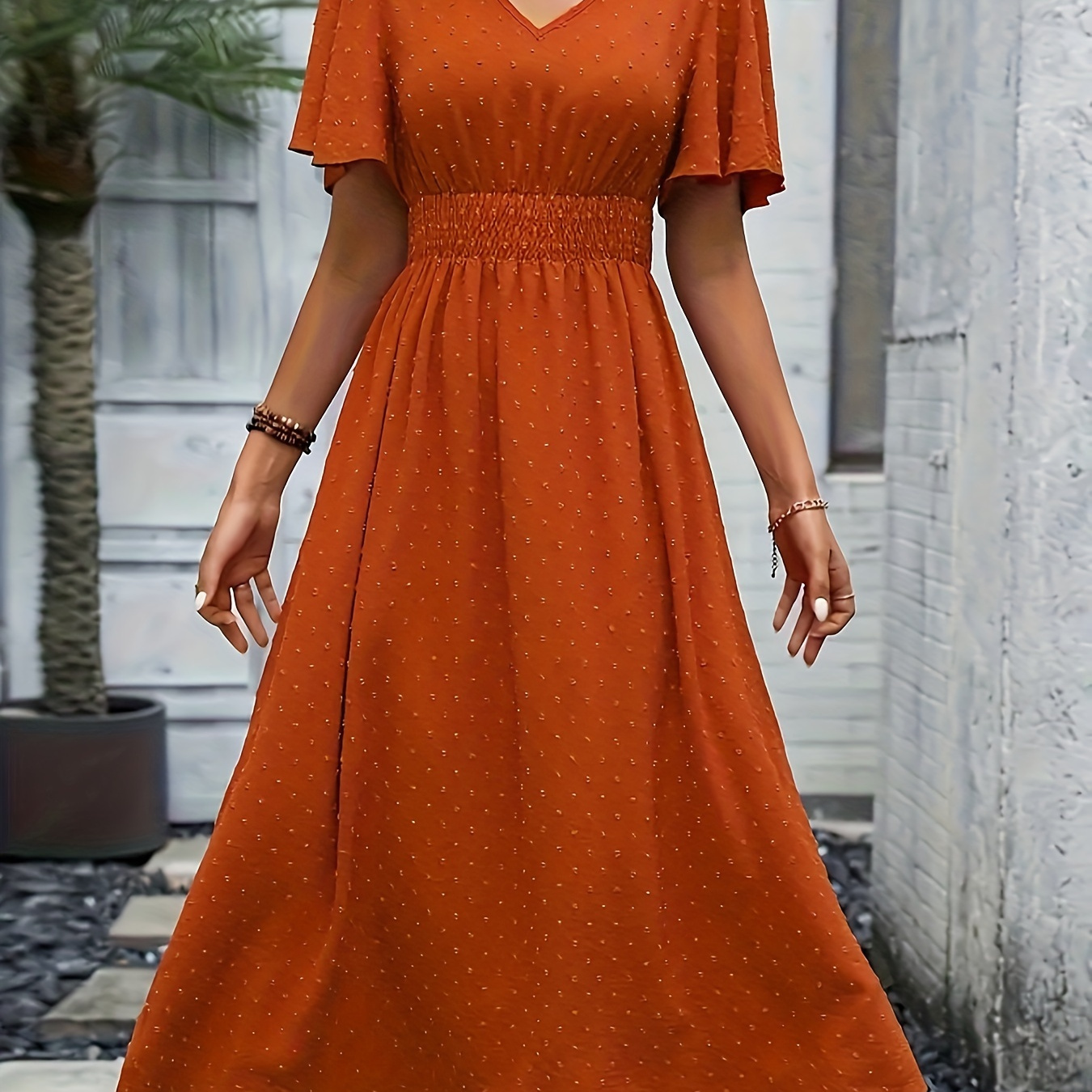 

Swiss Dot Short Sleeve Solid Dress, Elegant V Neck Shirred Waist Midi Dress For Spring & Summer, Women's Clothing