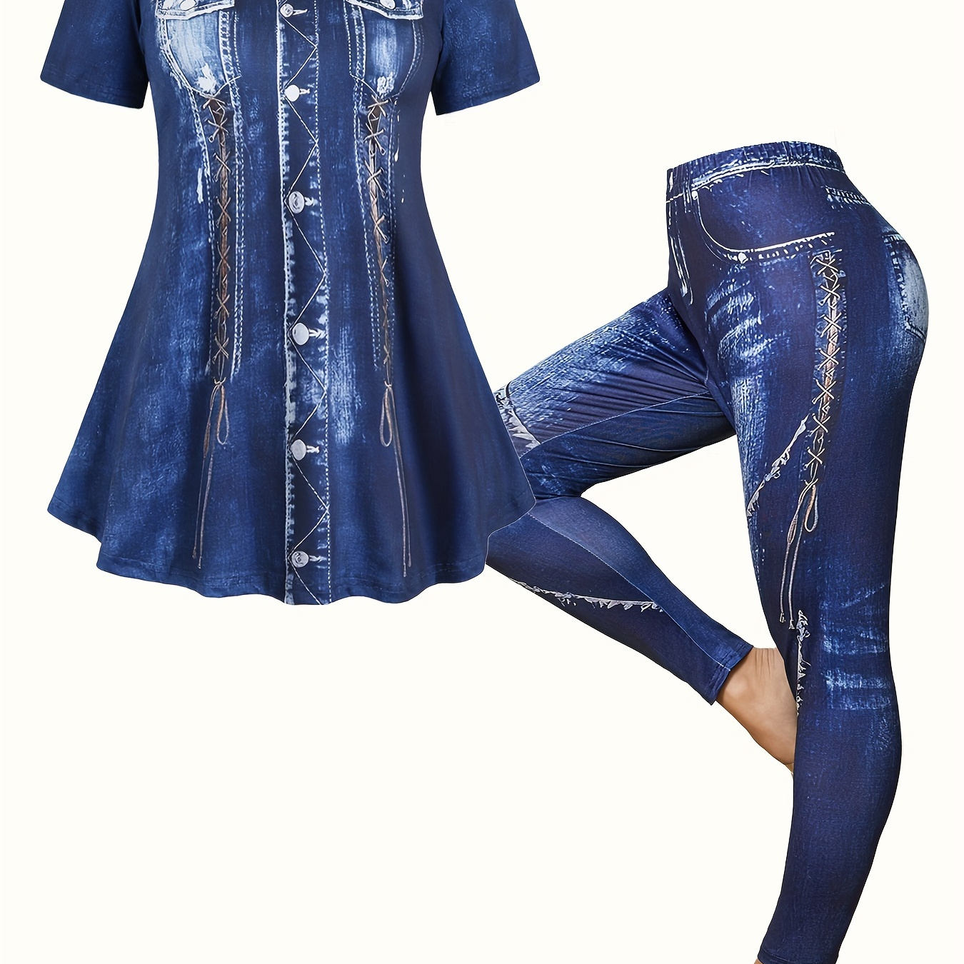 

Plus Size Denim Print Leggings Set, Crew Neck Short Sleeve T-shirt & Leggings Outfits, Women's Plus Size Clothing