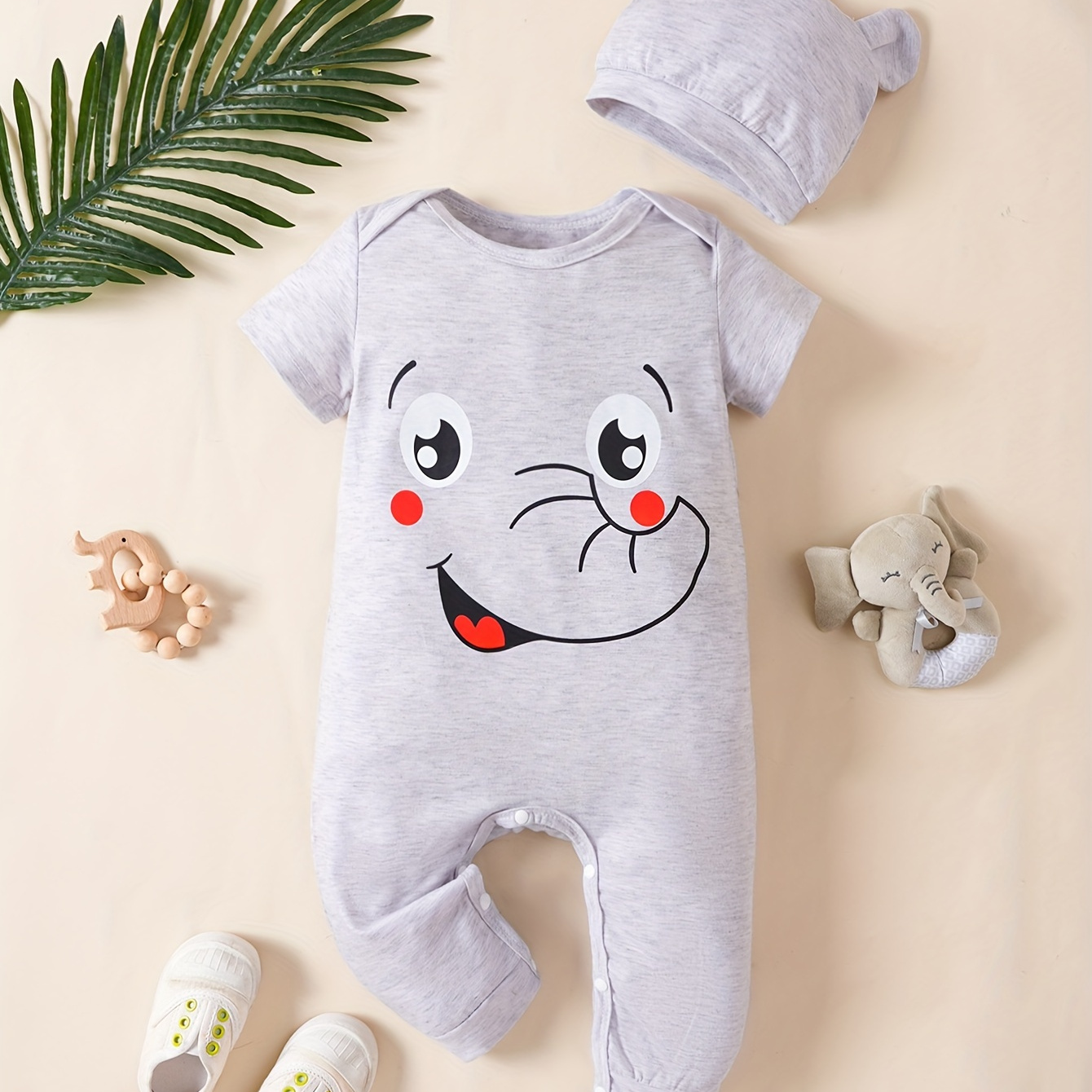 

Infant's Happy Elephant Print Bodysuit & Hat, Comfy Short Sleeve Onesie, Baby Boy's Clothing