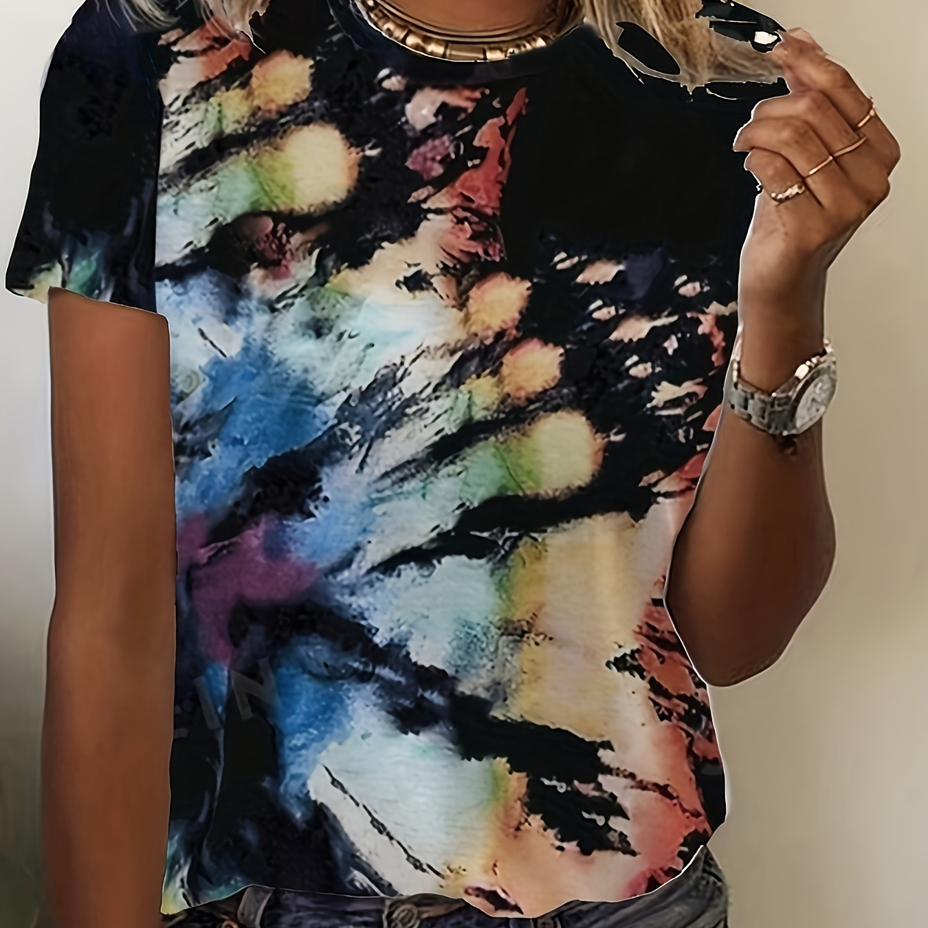 

Tie Dye Crew Neck T-shirt, Casual Short Sleeve T-shirt For Spring & Summer, Women's Clothing