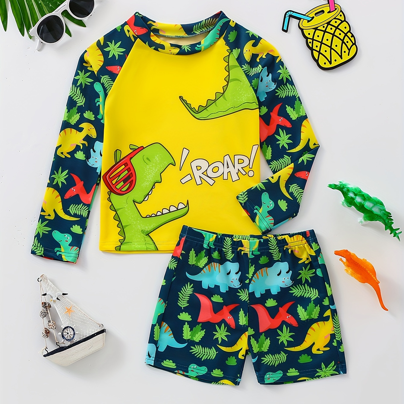 

2pcs Cute Cartoon Dinosaur Pattern Swimsuit For Boys, T-shirt & Swim Trunks Set, Stretchy Surfing Suit, Boys Swimwear For Summer Beach Vacation