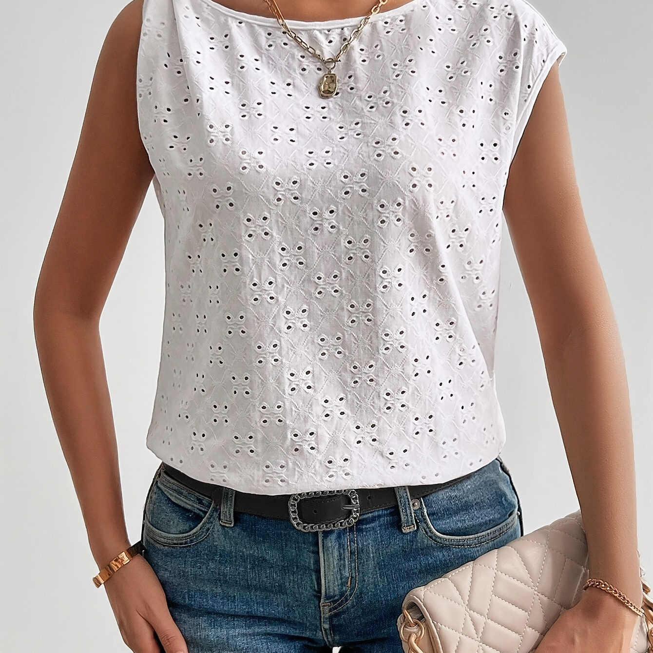 

Solid Eyelet Knot Ruched T-shirt Elegant Crew Neck Cap Sleeve T-shirt For Spring & Summer, Women's Clothing
