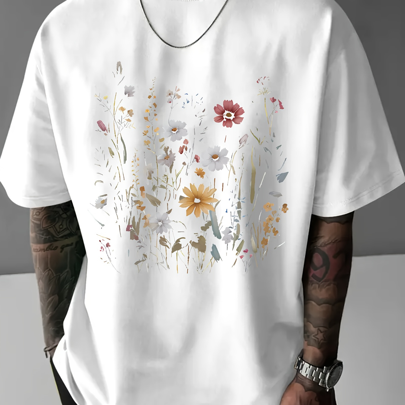 

Creative Flowers Graphic Print Men's Summer Crew Neck T-shirt, Versatile Lightweight Top With Comfy Short Sleeves, Perfect For Everyday Life & Outdoor Activities