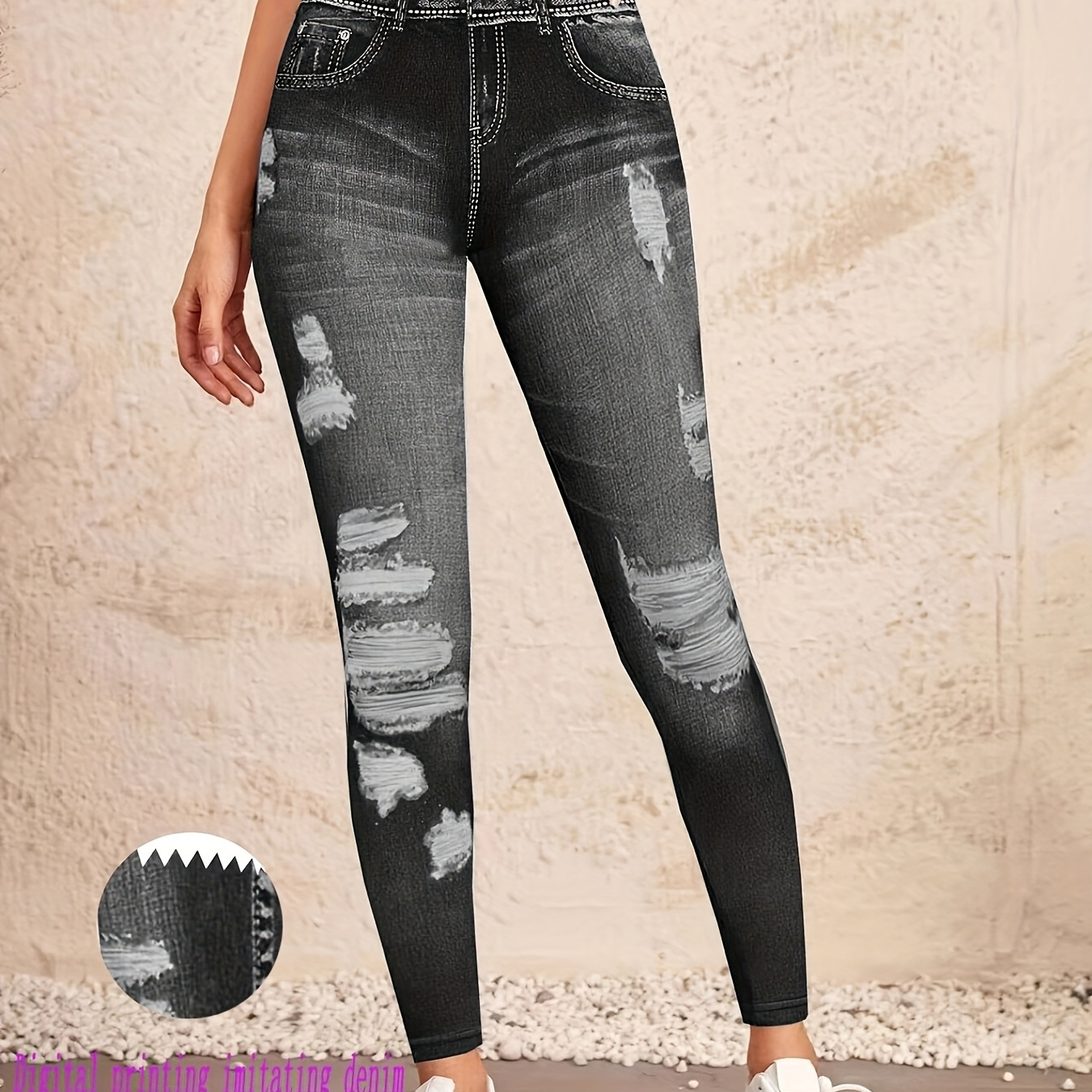 

1pc Women' Skinny Jeans, 95% Polyester 5% Elastane, Casual Printed Fabric, Knit Weave, Adult Fit