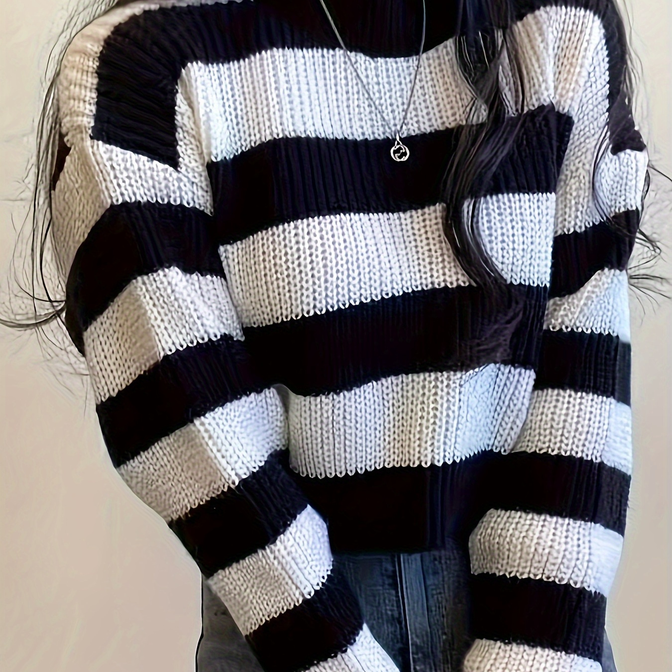 

Women's Striped Long Sleeve Sweater - Casual Loose Fit, Knit Pullover For Fall, Soft Polyester , Apparel|horizontally Striped|knit Texture