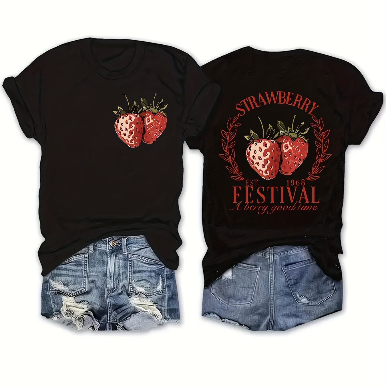 

Plus Size Strawberry Print T-shirt, Casual Short Sleeve Crew Neck Top For Spring & Summer, Women's Plus Size Clothing