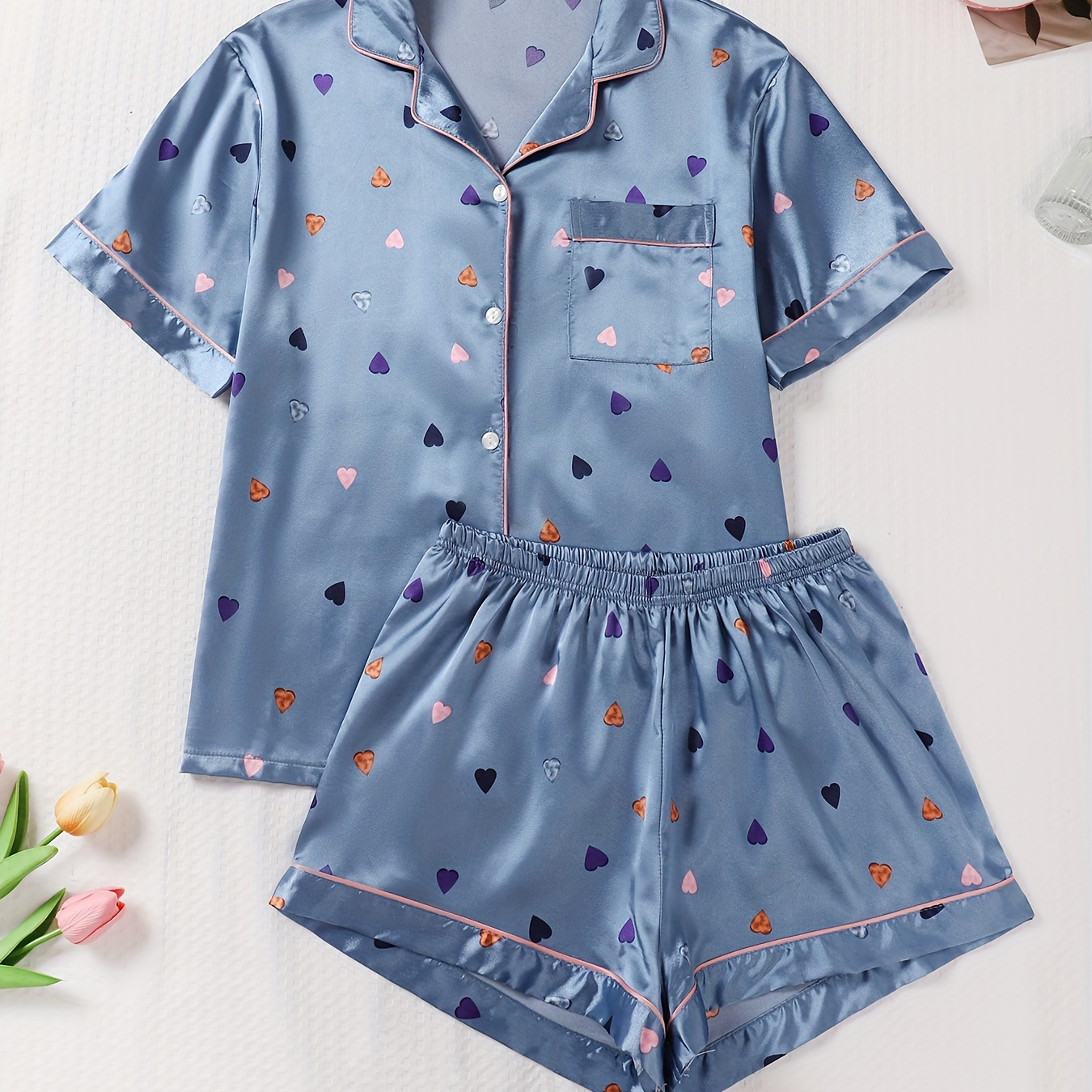 

Colorful Heart Print Satin Pajama Set, Casual Short Sleeve Button Up Lapel Collar Top & Elastic Shorts, Women's Sleepwear